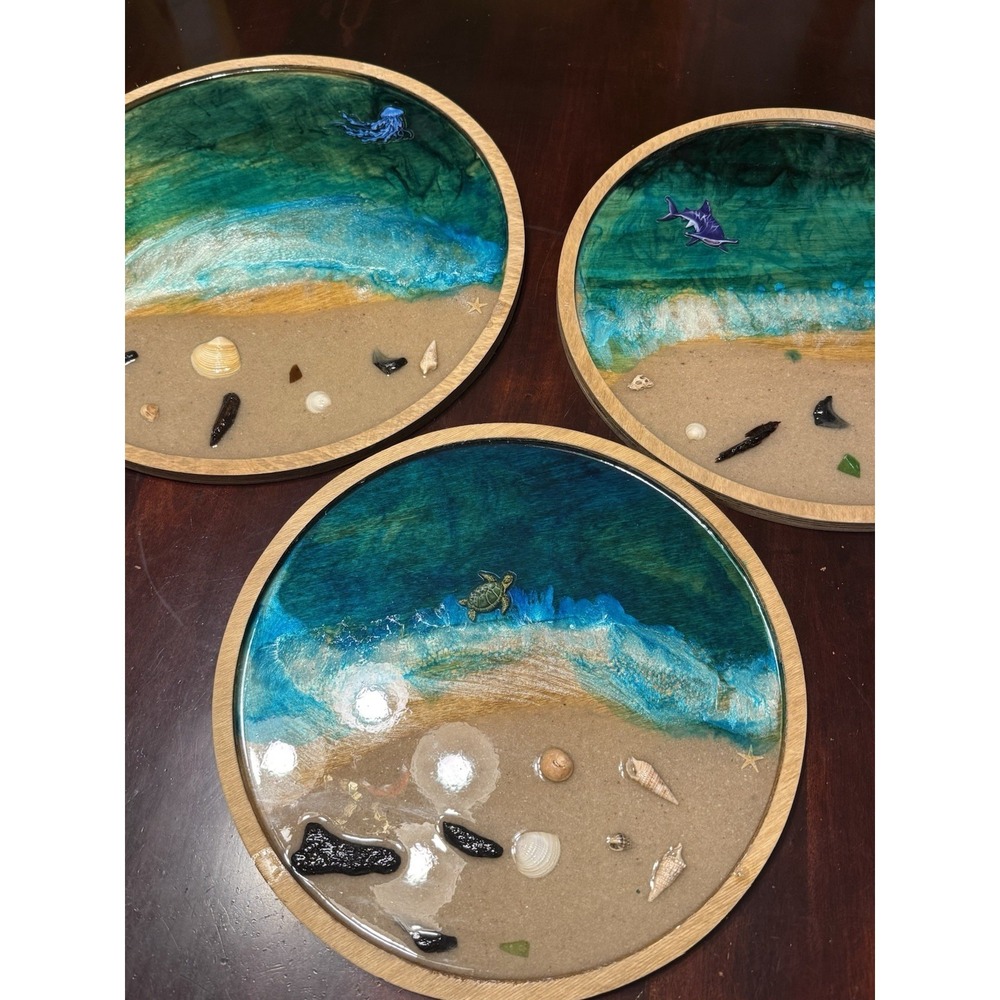 Handmade Resin Beach Tray Ocean Vibes ‎ Epoxy Art   Decor Lot Of 3